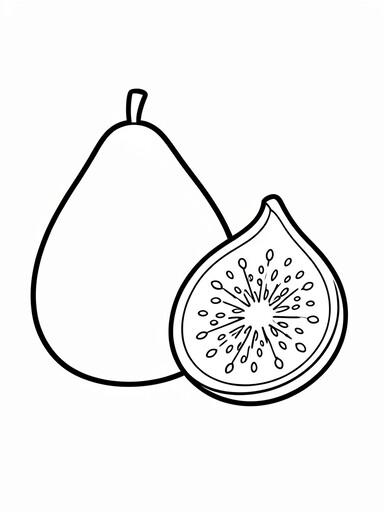 Fig coloring page showing a whole teardrop-shaped fruit and a halved fig with a star-burst seed pattern