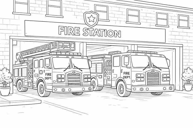 Fire Station with Firetrucks coloring page showing a fire engine parked at the station entrance with hoses PDF preview