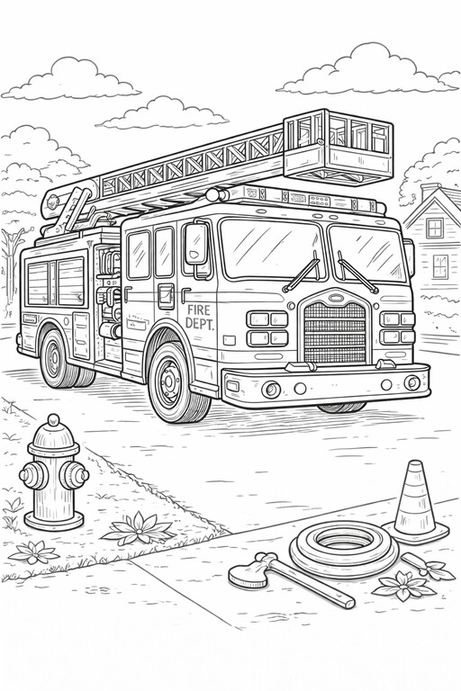 Firetruck in Front of House coloring page showing a ladder truck parked on a street with a hydrant, cones PDF preview