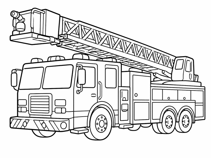 Ladder fire engine coloring page with long ladder truck, large wheels, and clean side-view PDF preview