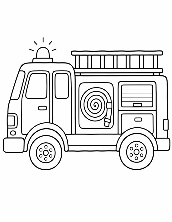 Side view fire engine coloring page with hose panel, roof ladder, warning light, and PDF preview