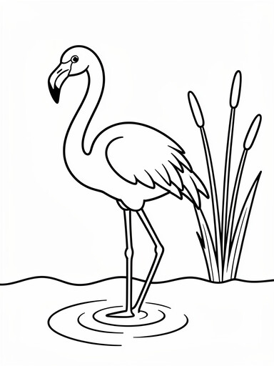 Flamingo coloring page showing a flamingo standing in shallow water with a curved neck and reeds