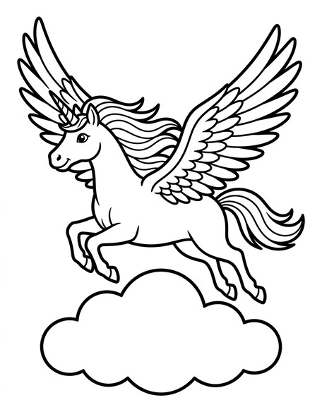 Flying unicorn coloring page with winged unicorn soaring upward above a single rounded cloud, wings spread wide PDF preview
