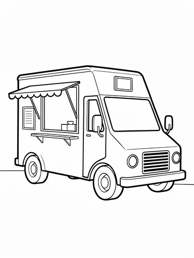 Food truck coloring page showing a parked truck with a serving window and a fold-out awning
