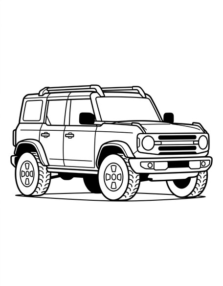 Ford Bronco coloring page showing a four-door SUV with round headlights, square wheel arches, and roof rack PDF preview
