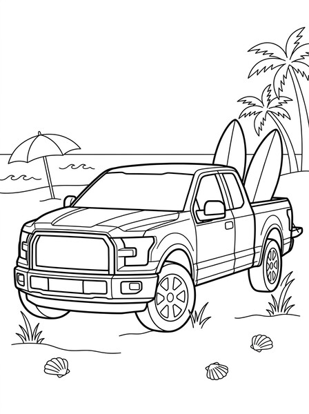 F-150 Beach Day with Surfboards coloring page