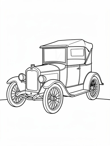 Ford Model T coloring page showing an antique car with wooden spoke wheels and a folded canvas top