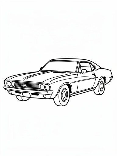 1967 Ford Mustang coloring page showing a fastback pony car with a sloping roofline