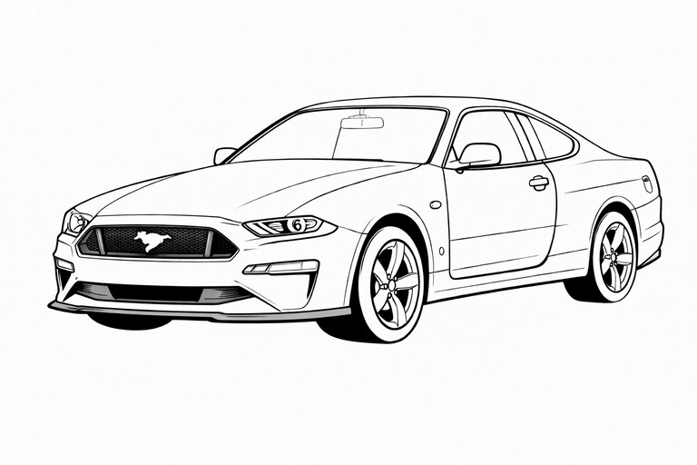 Ford Mustang coloring page showing a front three-quarter vehicle view with bold wheels, clear body lines PDF preview