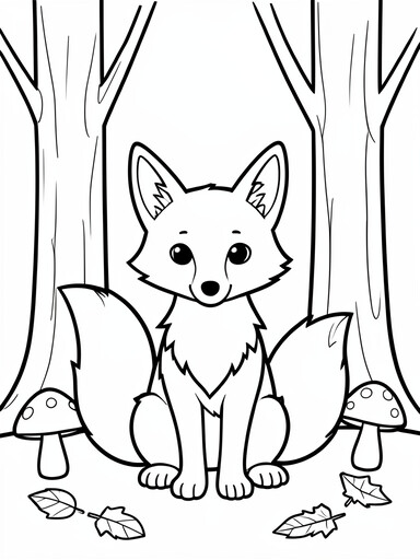 Fluffy fox sitting in a forest surrounded by trees, mushrooms, and autumn leaves coloring page