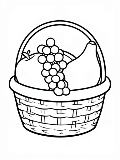 Fruit basket coloring page showing a woven basket holding an apple, grapes, and a banana