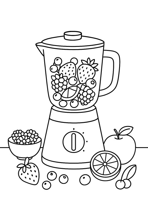 Fruits and Blender coloring page showing a blender with berries, a strawberry, an apple, and an orange PDF preview