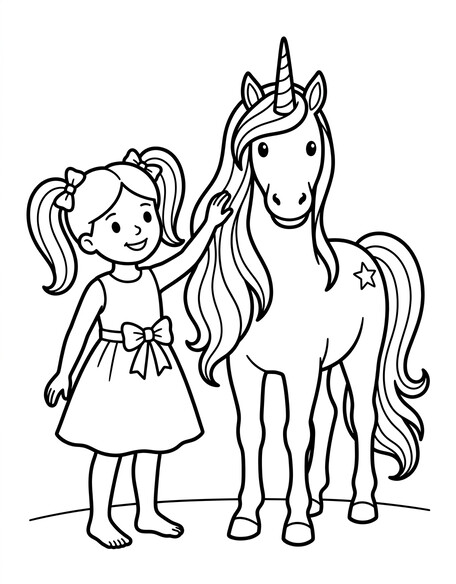 Girl petting unicorn coloring page with pigtailed girl in a bow-front dress touching a unicorn mane PDF preview
