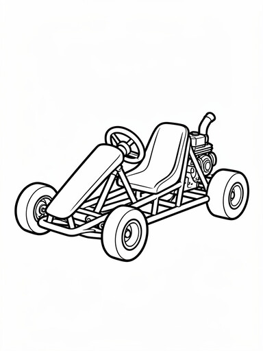 Go-kart coloring page showing a tube-frame racing kart with exposed wheels and a rear engine