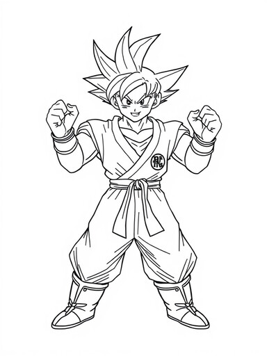 Goku in fighting stance with spiky hair, gi, wristbands and boots coloring page PDF preview