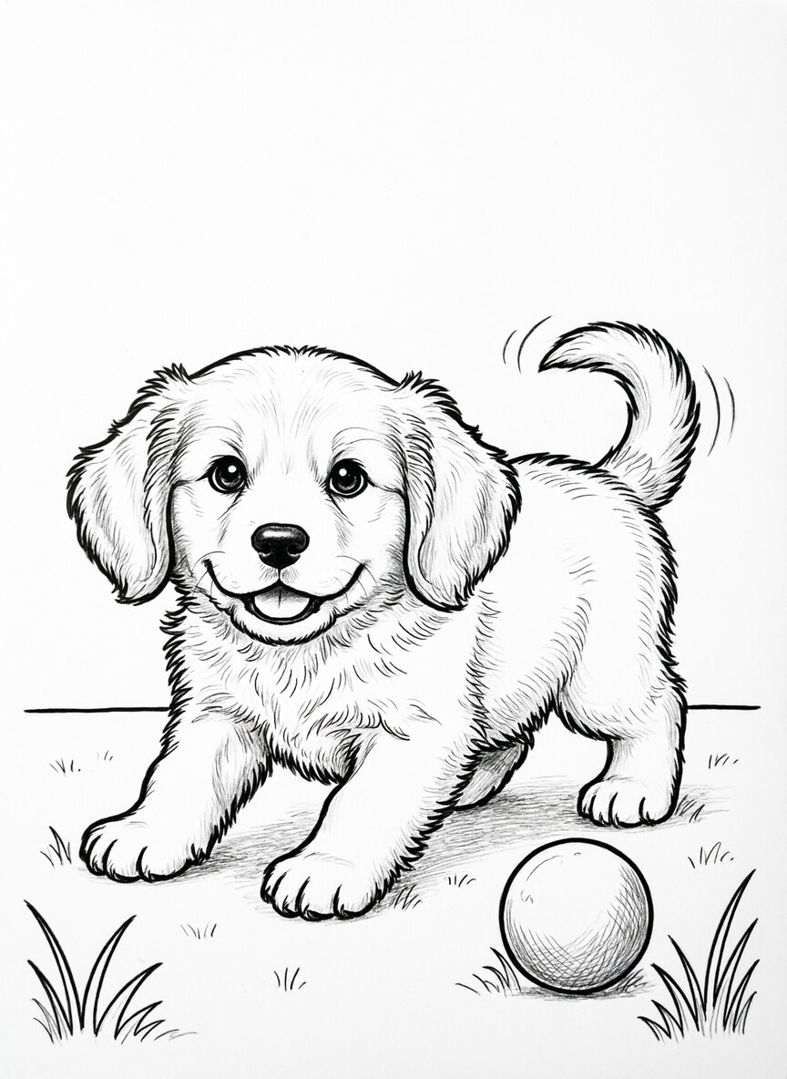 Golden retriever puppy in a play-bow pose with a ball on grass coloring page