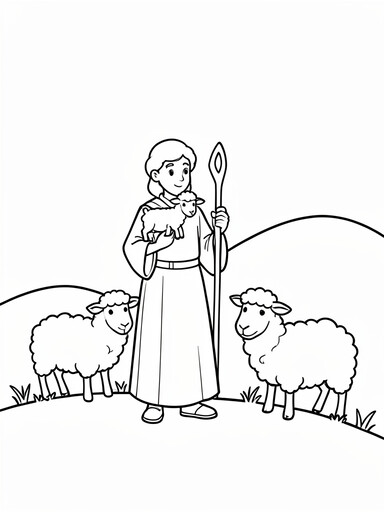Shepherd in a long robe holding a small lamb and a staff with two sheep on a hillside, coloring page