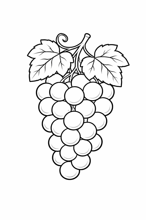 Grapes coloring page showing a cluster of grapes with vine leaves in a clear printable outline PDF preview