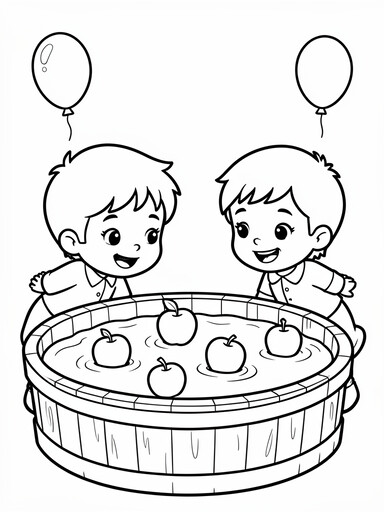 Bobbing for apples coloring page showing two kids leaning over a wooden tub of floating apples