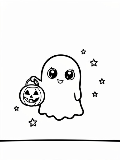 Baby ghost with lantern coloring page showing a tiny round ghost holding a small jack-o'-lantern