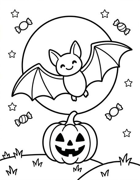 Halloween bat pumpkin and moon coloring page for kids