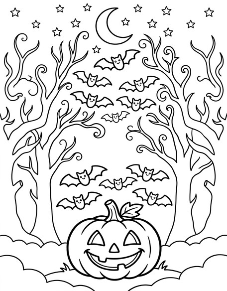 Halloween Black Cat and Pumpkin coloring page showing a black cat sitting beside a jack-o'-lantern PDF preview