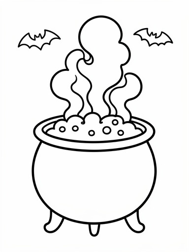 Bubbling cauldron coloring page showing a round black cauldron alone with bubbling potion and curling steam rising above it