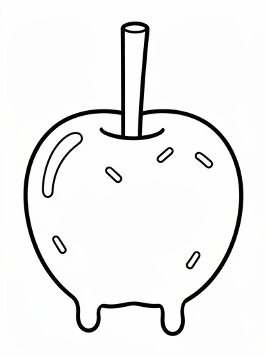 Candy apple on a stick coloring page showing a close-up glossy candy apple with drip lines and sprinkles