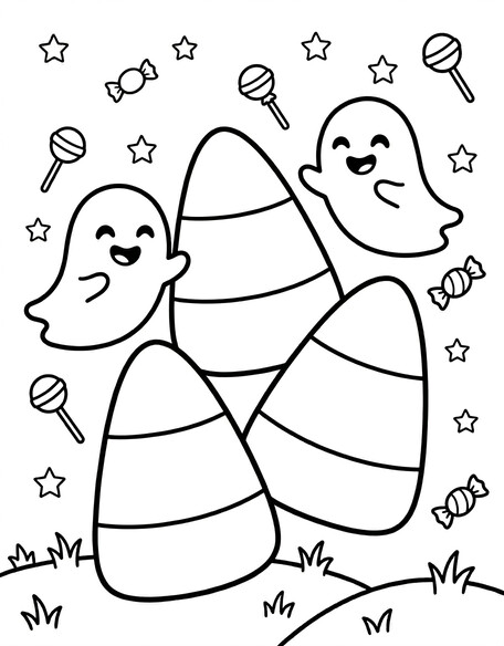 Halloween Candy Corn and Ghosts coloring page showing candy corn shapes with friendly ghosts around them PDF preview