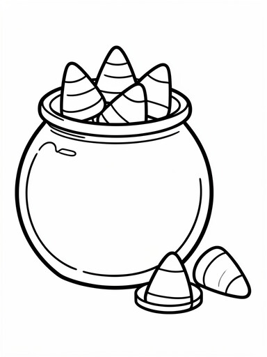 Candy corn jar coloring page showing a round glass jar filled with triangle-shaped candy corn pieces