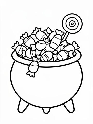 Cauldron overflowing with candy coloring page showing wrapped treats and a lollipop spilling over the rim