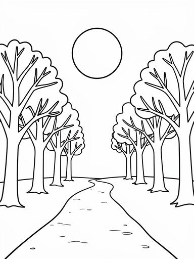 Forest path coloring page showing a winding trail between bare trees leading toward a full moon on the horizon