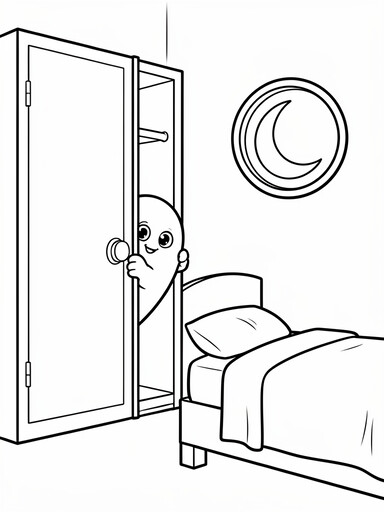 Ghost peeking from closet door coloring page showing a round friendly ghost holding a slightly open closet door in a bedroom