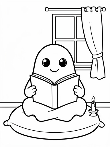Ghost reading a book coloring page showing a friendly ghost sitting on a cushion with a storybook