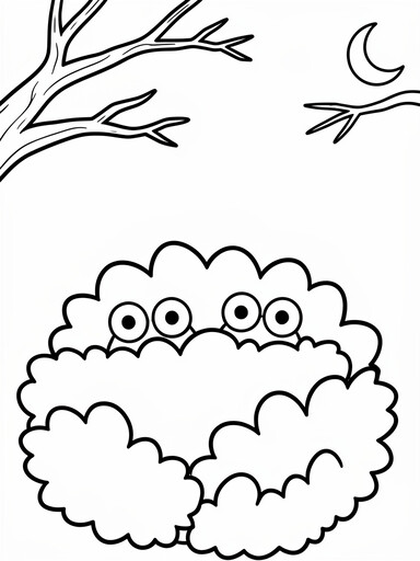 Glowing eyes in dark bushes coloring page showing two pairs of round eyes peeking out from leafy bushes under bare branches and a moon