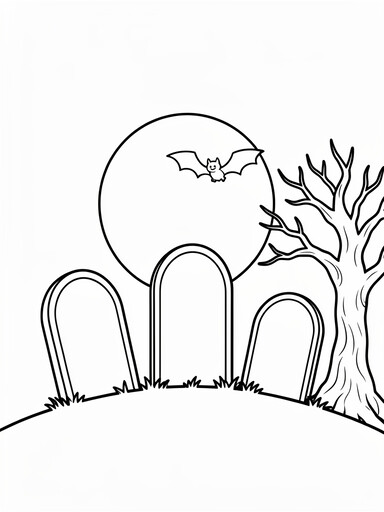 Halloween Graveyard Tombstones and Moon coloring page PDF preview