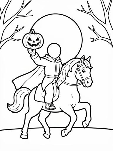 Headless horseman coloring page showing a cloaked rider on a galloping horse holding a jack-o'-lantern
