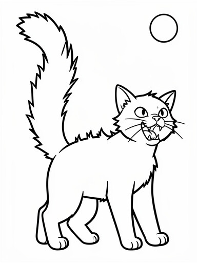 Hissing black cat coloring page showing a cat with an arched back, puffed tail, and bared teeth under a full moon