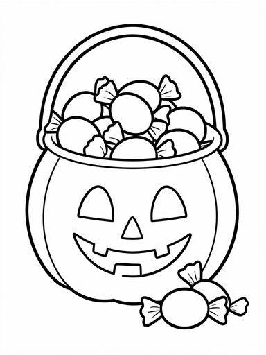 Jack-o-lantern candy bucket coloring page showing a plastic pumpkin trick-or-treat bucket overflowing with wrapped candy