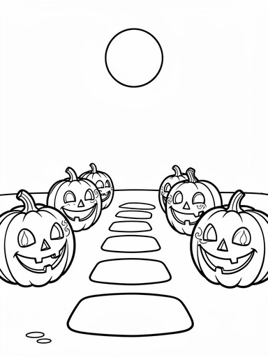Jack-o-lanterns garden path coloring page showing carved pumpkins lining a stone path