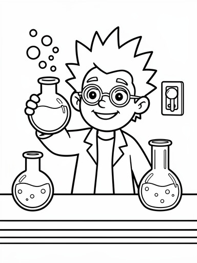 Mad scientist coloring page showing a cartoon scientist holding a bubbling potion flask in the lab