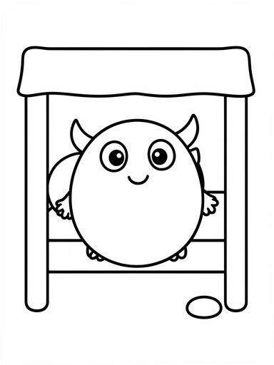 Monster under the bed coloring page showing a round friendly monster peeking out