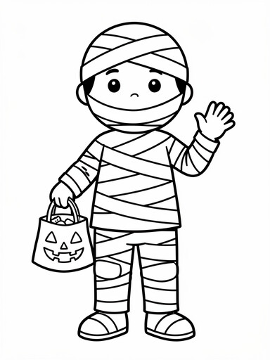 Mummy costume trick-or-treat coloring page showing a child in bandages holding a jack-o-lantern candy bag