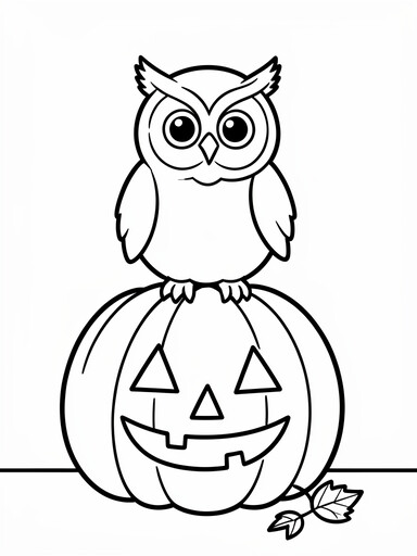 Owl on a pumpkin coloring page showing a round fluffy owl perched on top of a carved jack-o'-lantern