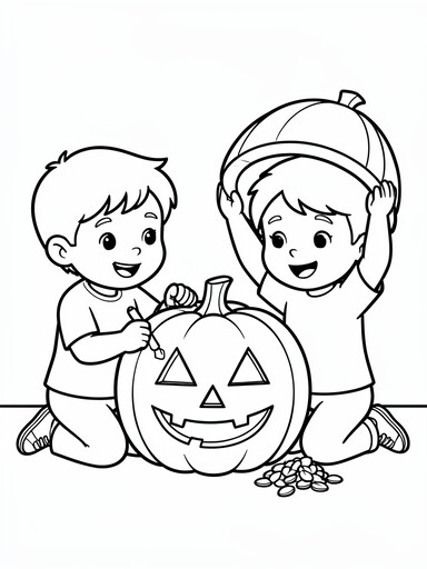 Kids carving a pumpkin coloring page showing two children carving a jack-o'-lantern face together