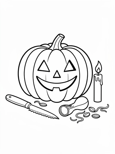 Jack-o'-lantern coloring page showing a carved pumpkin beside a carving knife, scoop tool, candle, and scattered seeds
