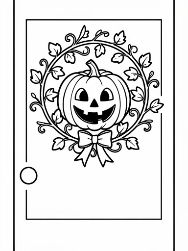 Pumpkin door wreath coloring page showing a carved jack-o'-lantern in the center of a leafy vine wreath on a front door