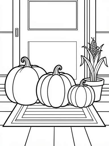 Pumpkin family on the porch coloring page showing three pumpkins behind a welcome mat
