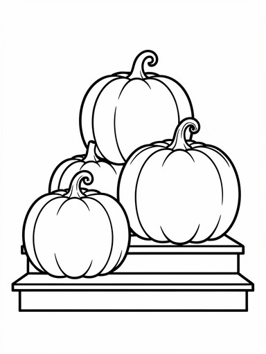 Pumpkin stack on the porch coloring page showing four round pumpkins arranged on wooden steps