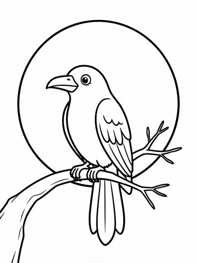 Raven on a branch coloring page showing a perched bird in front of a giant full moon